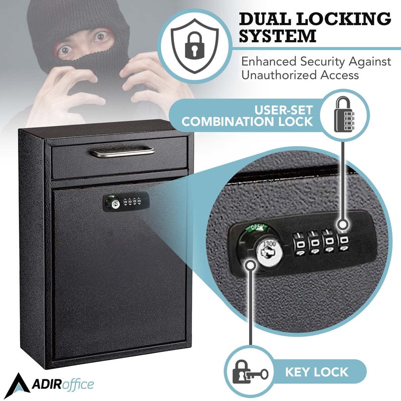 AdirOffice Wall Mount Mailbox - Combination Mailbox with Keys- Durable Wall Mounted Locking Mail Box and Cash Drop Box for House, Apartments and Business After Hours Deposits (Large, Black) - Image 4